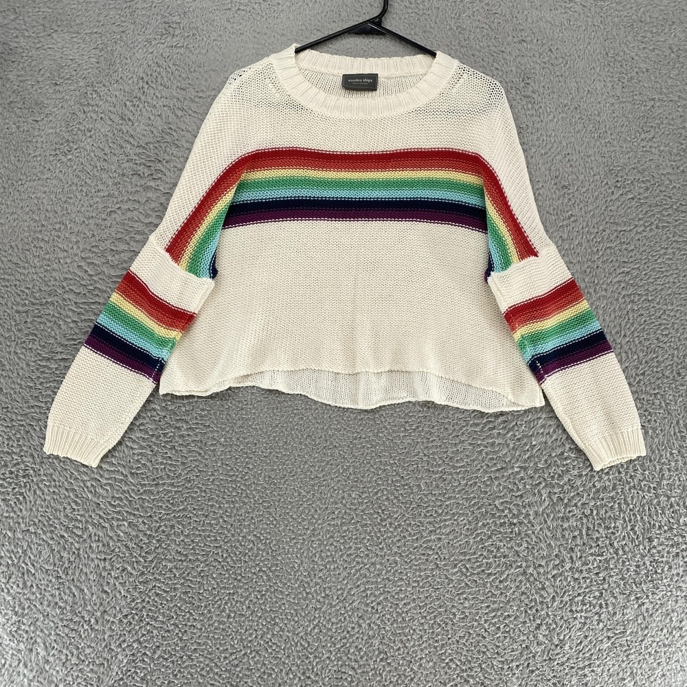 Wooden Ships Sweater Womens XS Boxy Rainbow Stripe Knit Crop Pullover